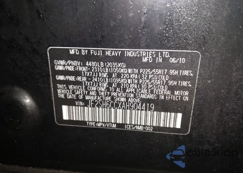 2010 Subaru Forester z USA, uszkodzony, nr VIN JF2SH6CCXA8904419